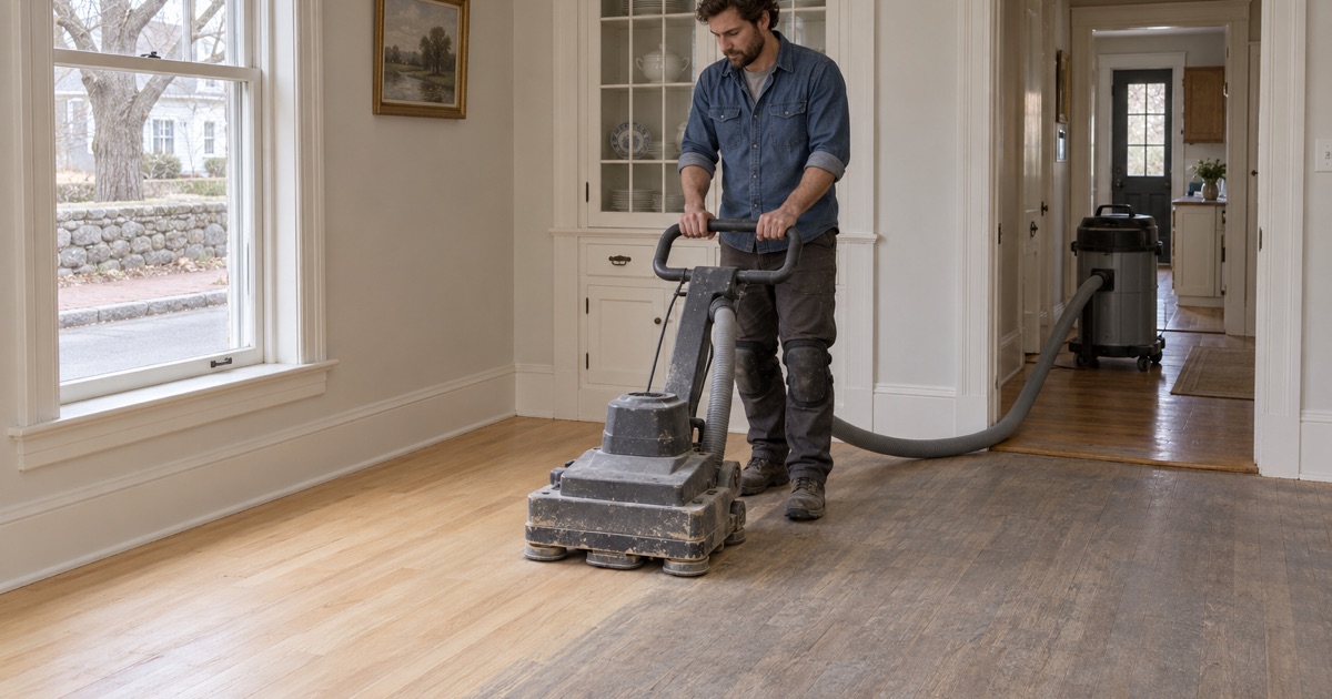 Worker running a low-dust orbital floor sander across the original oak of a prewar Newton dining room, a vacuum hose attached.