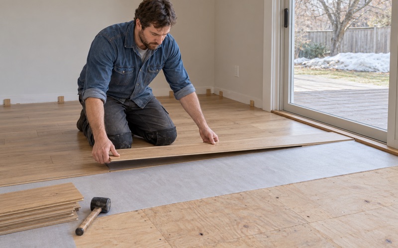 Worker angling a wide engineered white oak plank into the row before it over underlayment in a Newton family room.