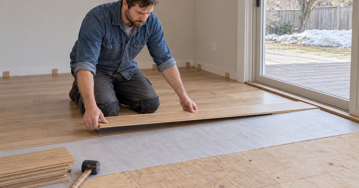 Worker angling a wide engineered white oak plank into the row before it over underlayment in a Newton family room.