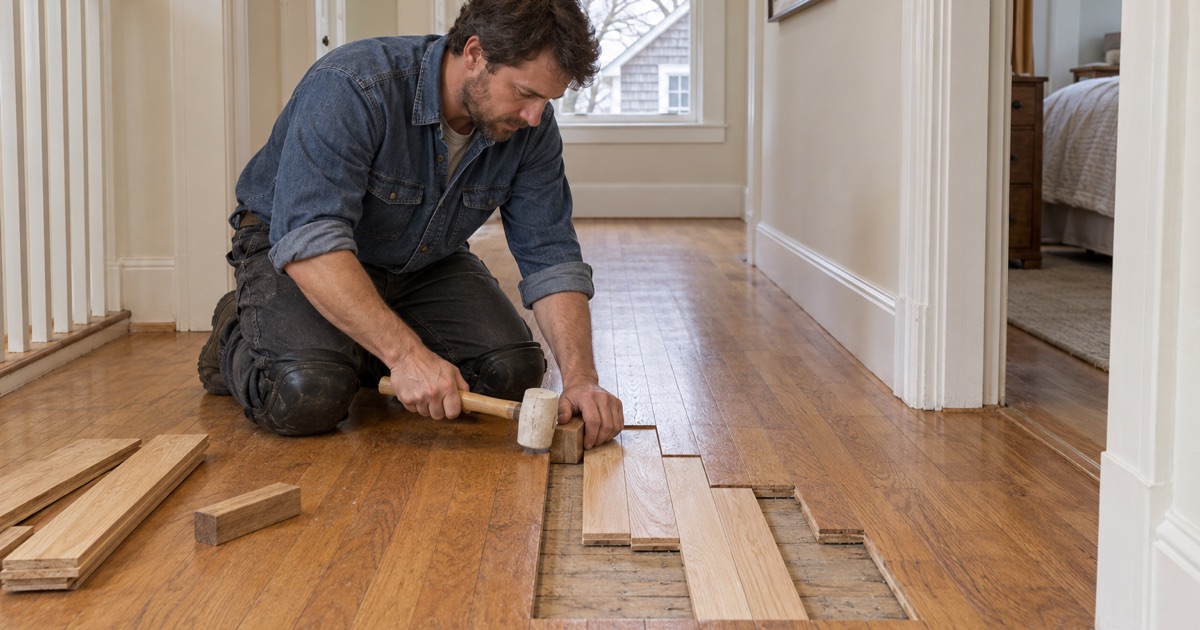 Worker tapping a new oak board into a staggered lace-in repair in the hall of a Newton house.