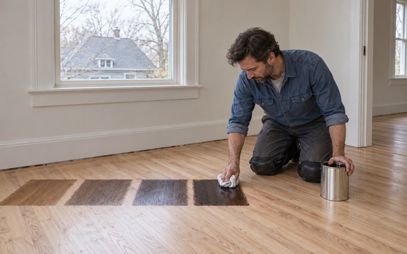 Worker wiping stain test squares onto bare red oak by a window in a Newton house to compare colors before the floor is stained.