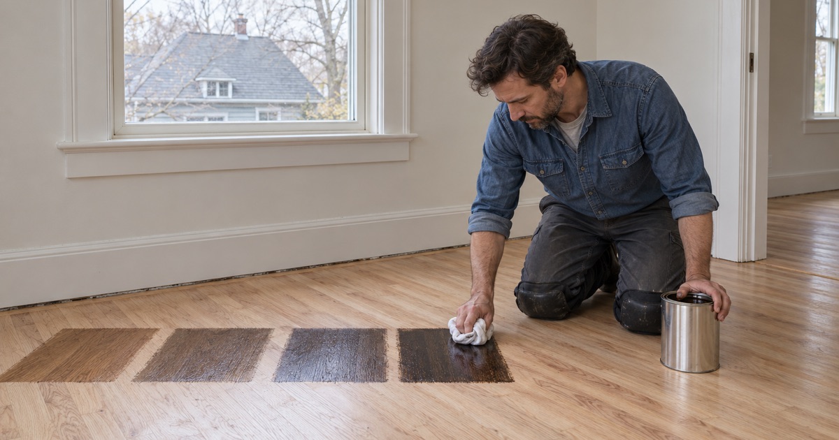 Worker wiping stain test squares onto bare red oak by a window in a Newton house to compare colors before the floor is stained.