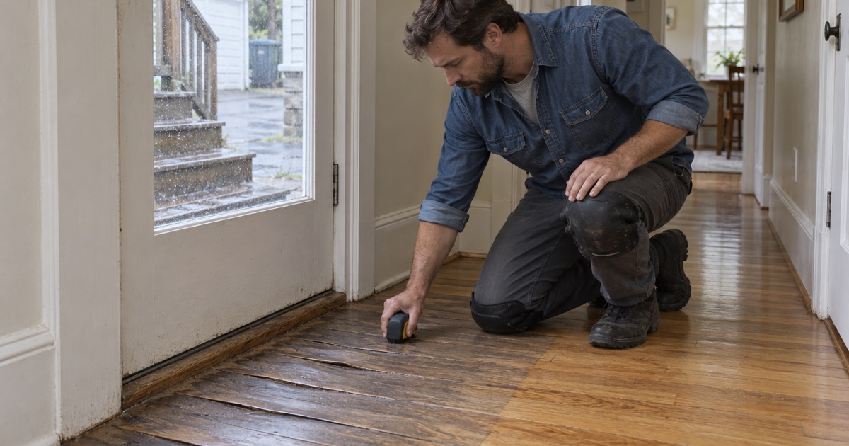 Worker pressing a moisture meter onto cupped oak boards inside the back door of a Newton kitchen hall.