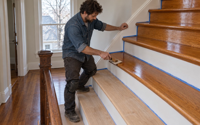 Worker coating oak stair treads from the top down, backing down the staircase of a Newton house.