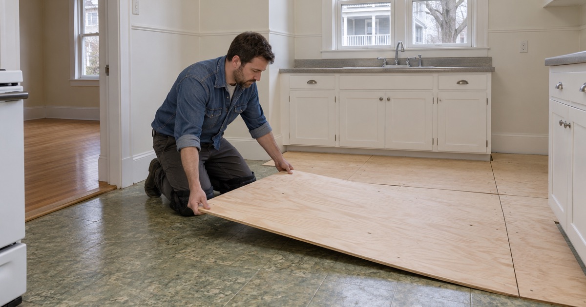 Worker lowering a plywood sheet over old kitchen floor tile in a Newton two-family so the tile is covered in place rather than torn up.