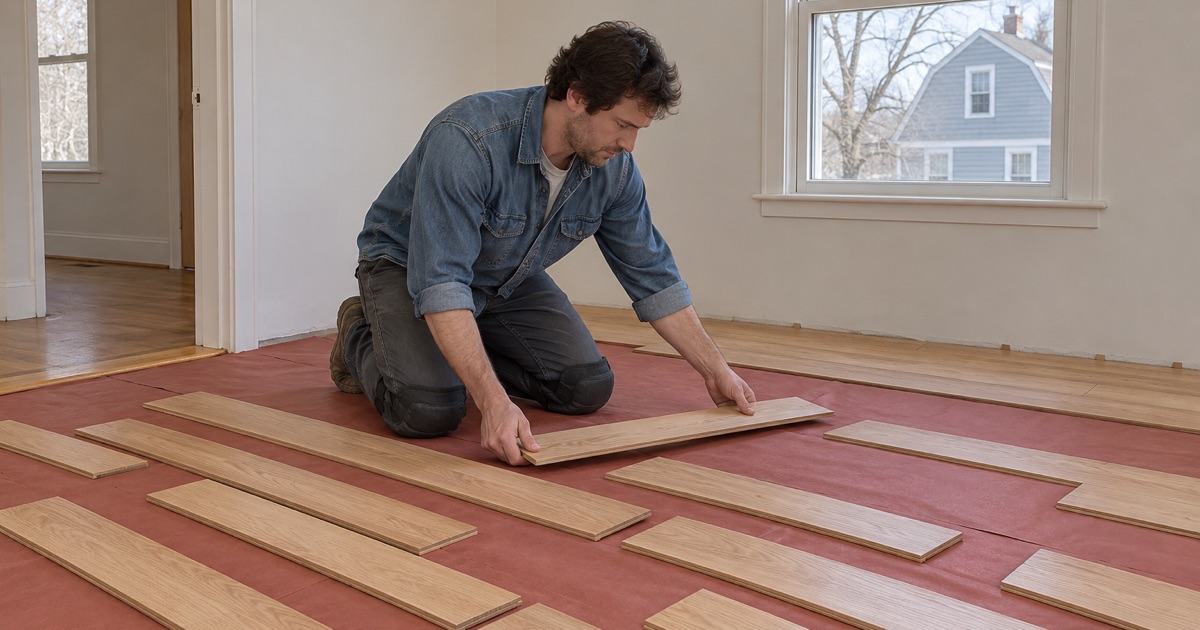 Worker racking out new white oak boards over red rosin paper on the subfloor of a Newton room before nailing begins.