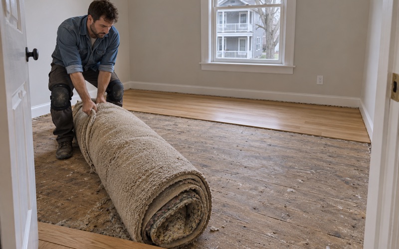 Worker dragging a rolled-up wall-to-wall carpet toward the door of a Newton bedroom where new oak is going down.