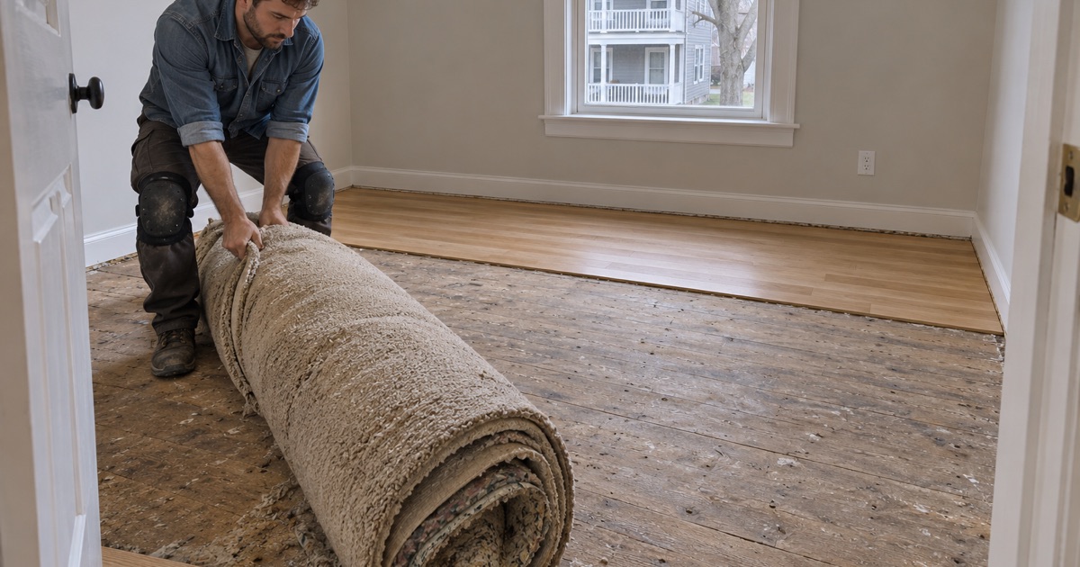 Worker dragging a rolled-up wall-to-wall carpet toward the door of a Newton bedroom where new oak is going down.