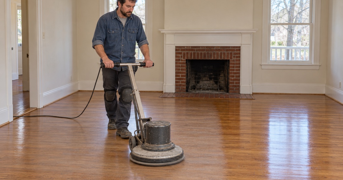 Worker running a rotary buffer with a screening pad over a sound finished oak floor in a Newton living room.