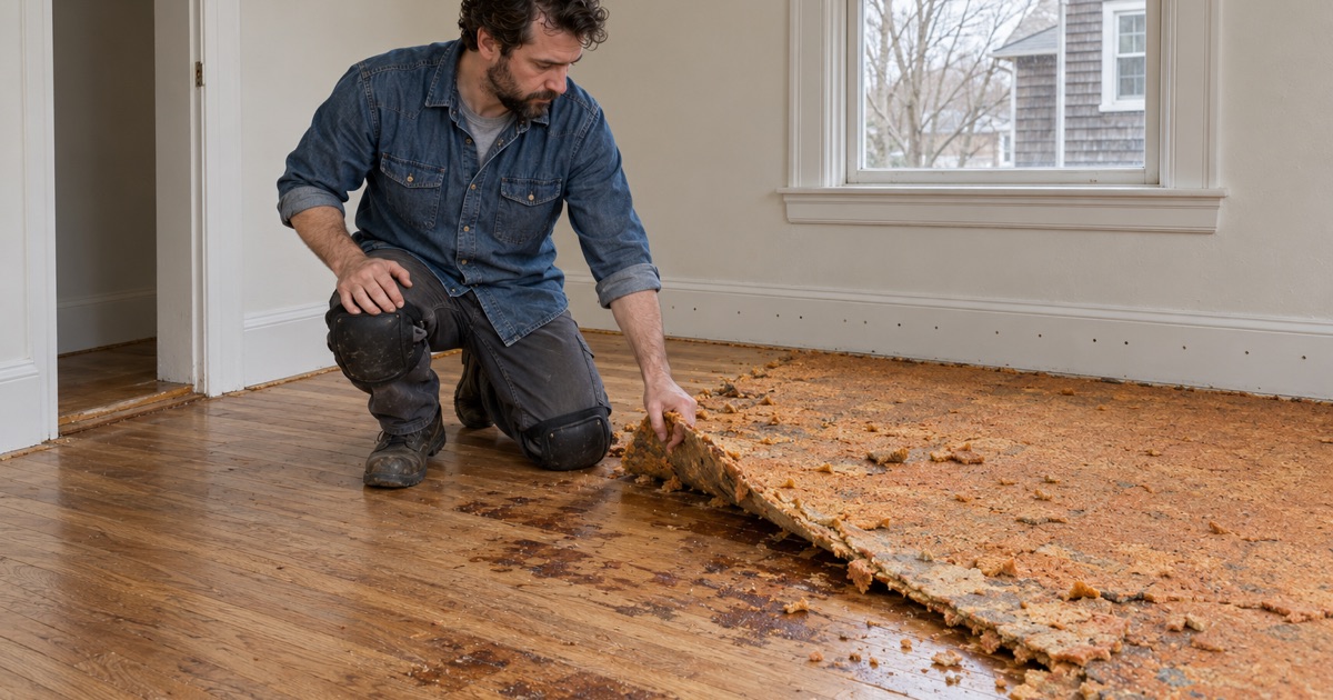 Worker peeling old carpet pad that has stuck to an oak floor, uncovering stained boards and tack-strip holes in a Newton bedroom.