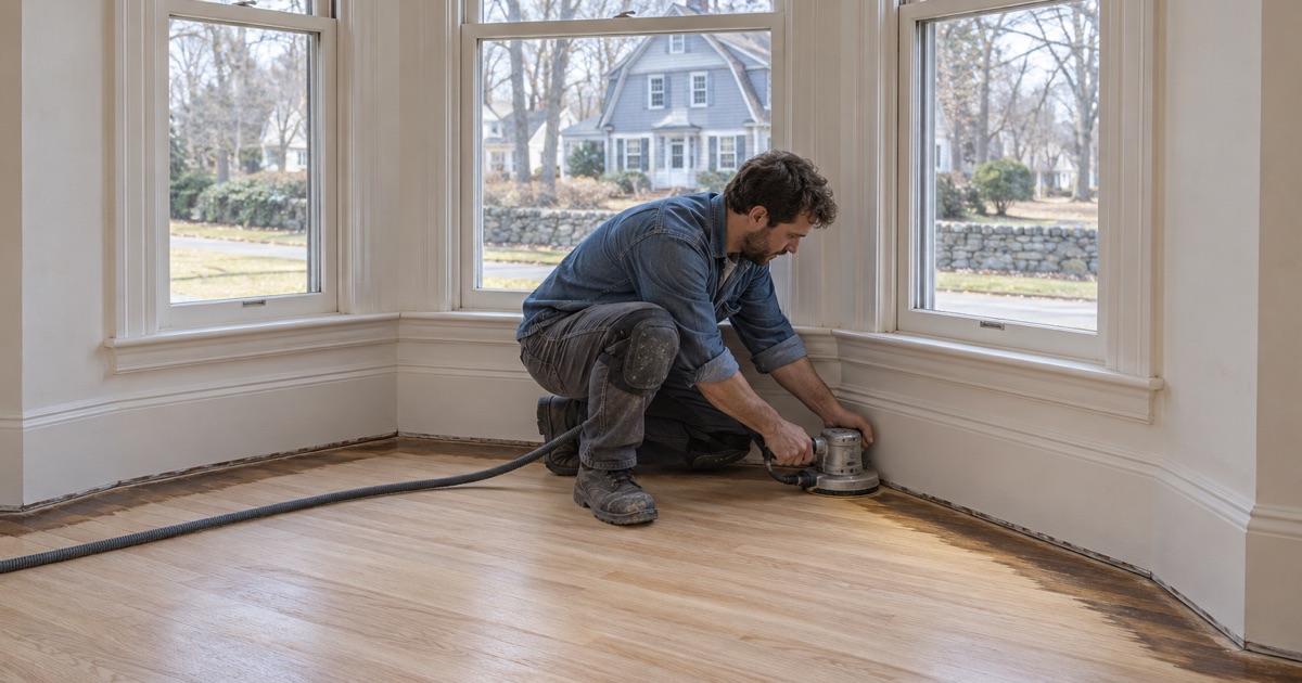Worker edging bare oak around the facets of a bay window in a prewar Newton front room.