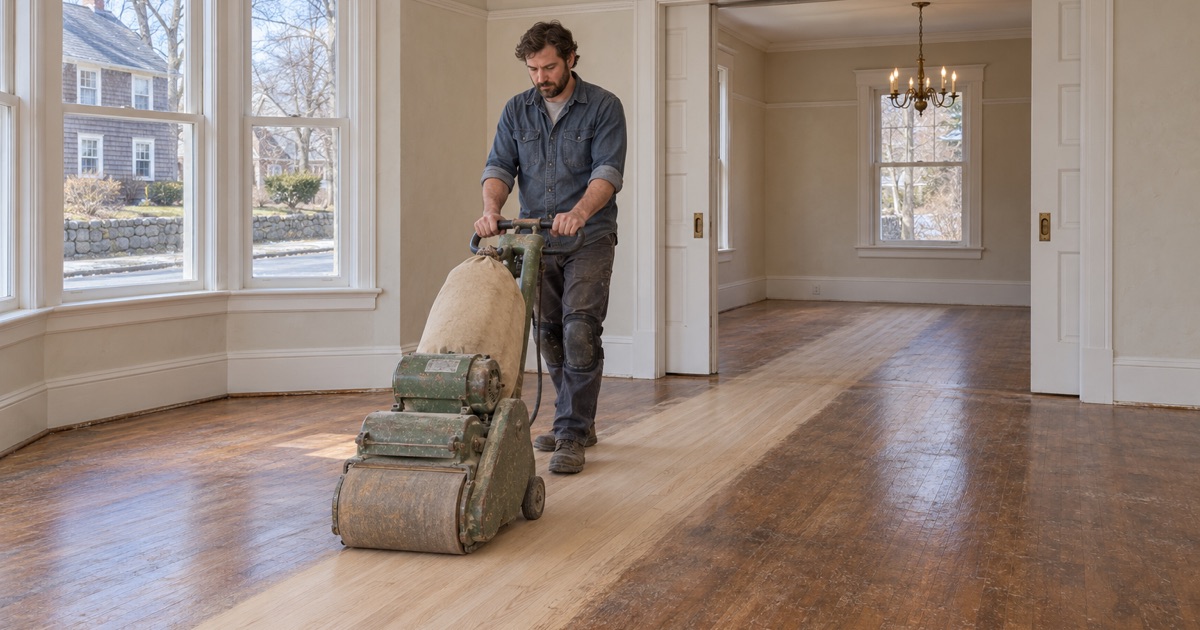 Worker guiding a drum sander through the front room of a prewar Newton house, the pocket doors to the dining room drawn back.